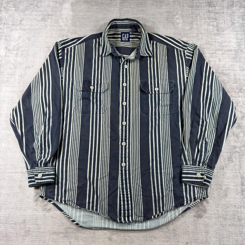 GAP Shirt Mens XL Blue Vintage Striped Button Down 2 pocket Twill Long Sleeve